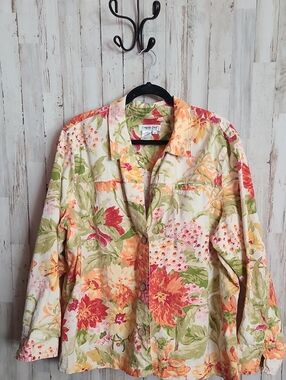 Coldwater Creek Floral Button-Down Jacket - Cream, Orange & Green